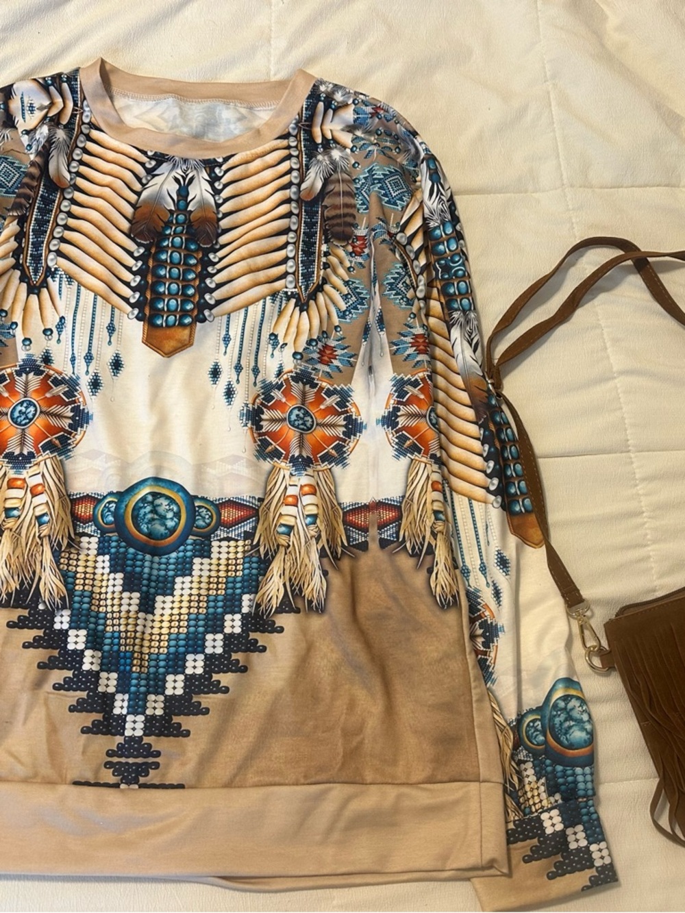 Native American Graphic long sleeve with Turquoise Accents and crossbody bag